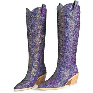 Women's Sparkly Cowgirl Boot Chunky Heel Pointed Toe Knee High Western Boot Blue